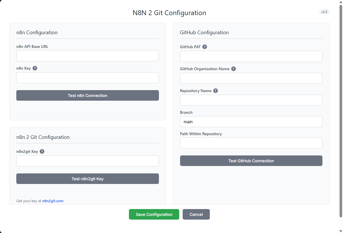 N8N2Git Configuration Screen